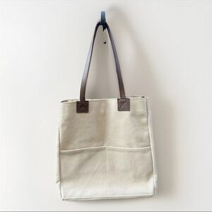 Structured Canvas Tote Bag Large Beige RH Brown Leather Straps Classic Shape